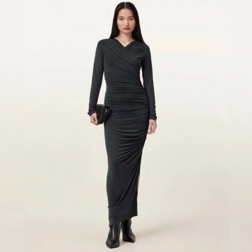 All Saints Black Hanako Cupro Wrap Maxi Dress